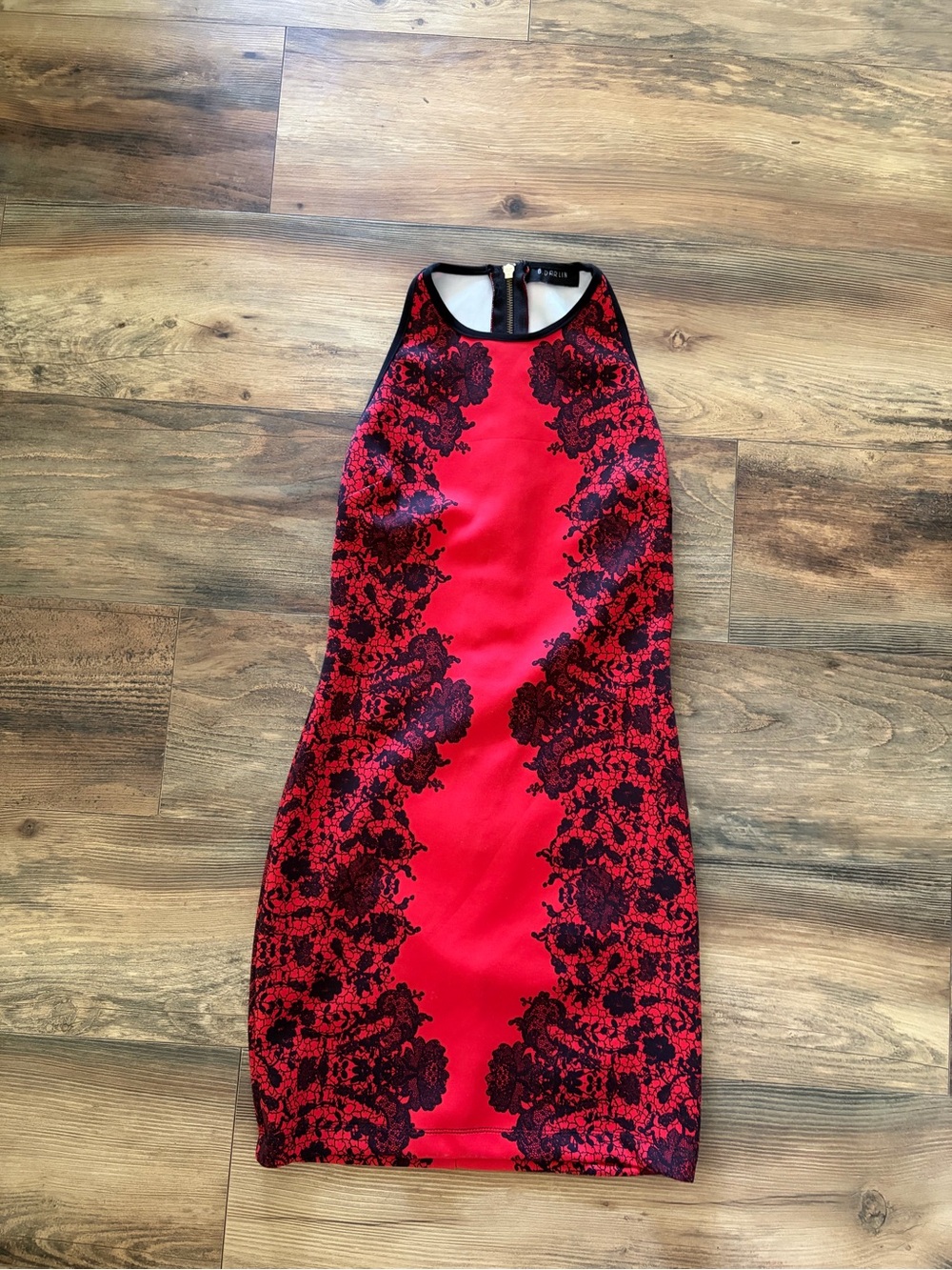 B Darlin Red & Black Lace-Trim Halter Mini Dress